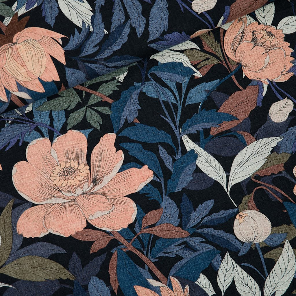 See You at Six - Tissu Mélange Lin et Viscose Imprimé “Pasture Rose” sur le Fond Noir