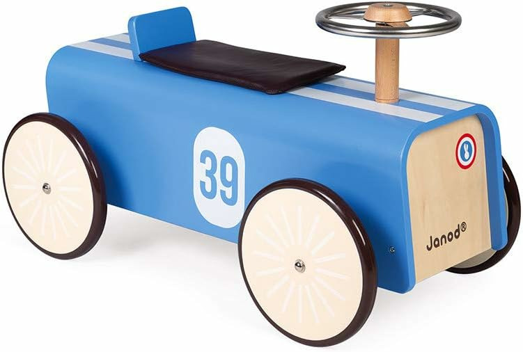 Janod Porteur Enfant Voiture Volant en Metal Directionnel Assise Epaisse et Amovible Voiture de Course au Look Vintage Jouet en Bois Cintre Des 2 Ans J08051 la palette de jeux