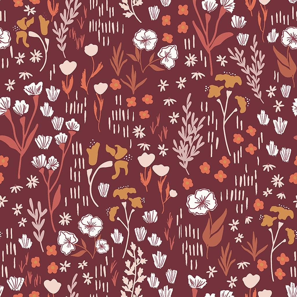 Cotton+Steel Fabrics - Tissu Popeline de Viscose Imprimé Fleurs de Champs "Dear Isla" sur le Fond Bordeaux
