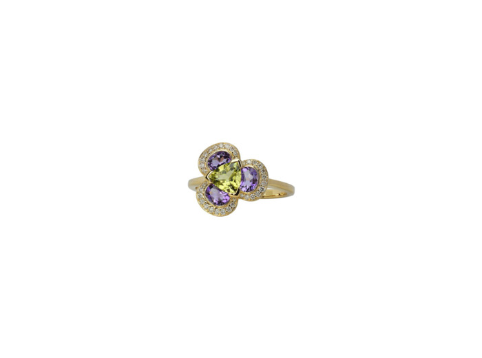Bague Isabelle Langlois Flora Pensée  en or jaune, péridot, améthyste et diamant