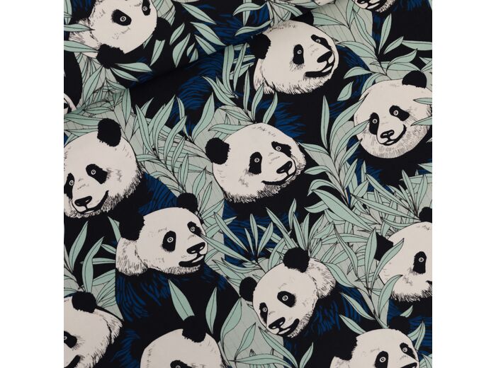 See You at Six - Tissu French Terry de Coton Imprimé "Panda Party" sur le Fond Noir