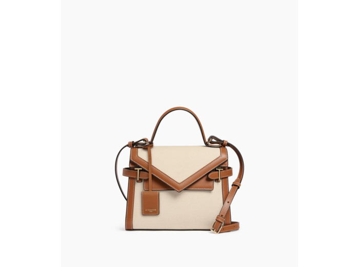 Sac à main double rabat moyen modèle Emilie en toile coton et cuir lisse