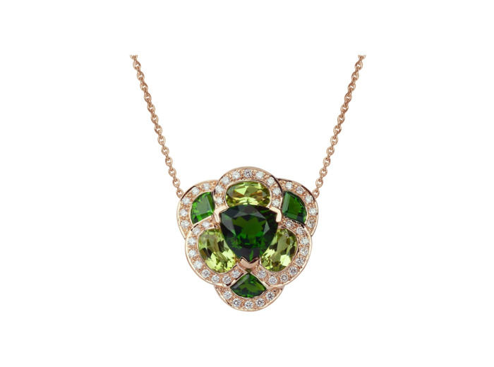 Collier Isabelle Langlois Flora Pensée  en or rose, diopside, péridot et diamant