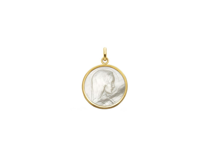 Médaille Arthus Bertrand Vierge Jeune en nacre et or jaune poli brillante, 19 mm