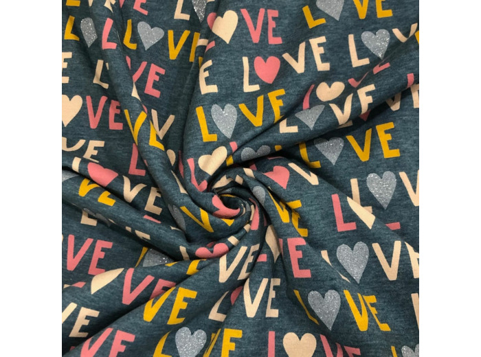 Poppy - Tissu Jersey de Coton Imprimé "Glitter LOVE" sur le Fond Bleu Gris