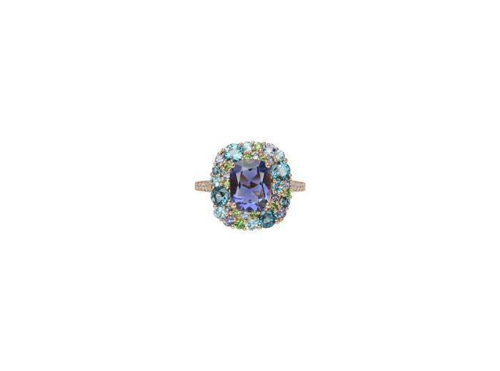 Bague Isabelle Langlois Émotion en or rose, iolite, topaze bleue, tsavorite et diamant