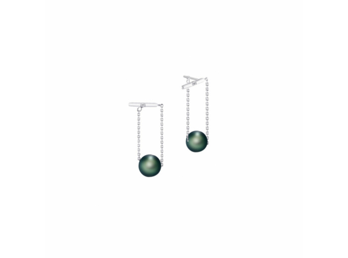 Boucles d'oreilles pendantes Iza B Epure en argent rhodié, perles de Tahiti et diamants