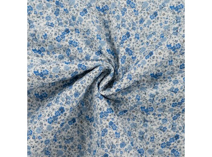 Sélection Coup de coudre - Tissu Voile de Coton Matelassé Imprimé Petits Fleurs Bleu Delft
