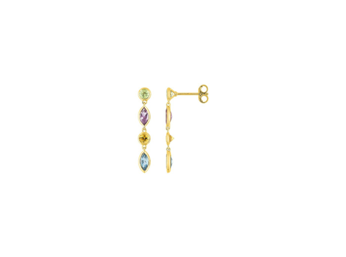 Boucles d'oreilles en or jaune, améthyste, péridot, citrine et topaze bleue