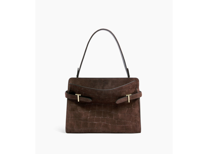 Sac porté épaule grand modèle Emie en cuir refente de velours embossé effet crocodile