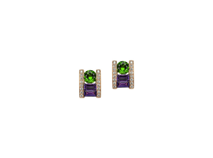 Boucles d'oreilles Isabelle Langlois Tissage en or rose, diopside, améthyste et diamant