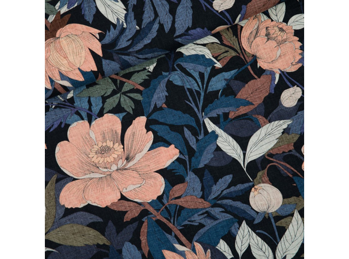 See You at Six - Tissu Mélange Lin et Viscose Imprimé “Pasture Rose” sur le Fond Noir