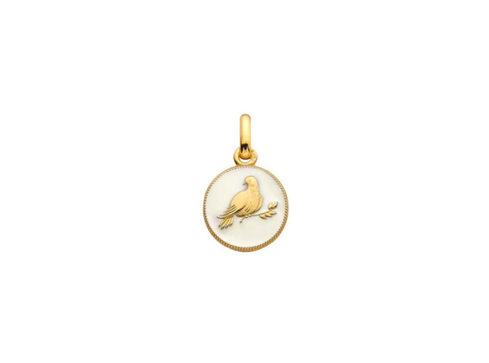 Médaille Arthus Bertrand Ma Mini Médaille Colombe en or jaune et laque ivoire, 10 mm