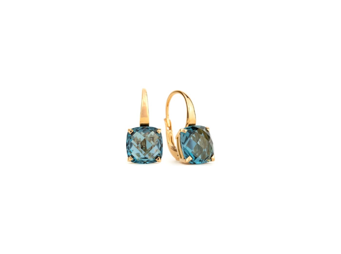 Dormeuses Cesare Pompanon Poppy Blue petit modèle en or rose et topazes London Blue