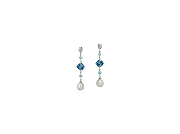 Boucles d'oreilles Isabelle Langlois Princesse Mathilde en or blanc, diamant, topaze bleue, apatite et perle