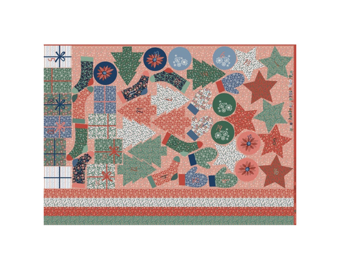 Poppy - Tissu Popeline de Coton Imprimé Calendrier de l'Avent sur le Fond Rouge et Vert