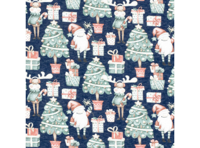 Sélection Coup de Coudre - Tissu Jersey Sweat de Coton Gratté à Motif Sapins de Noël sur le Fond Bleu
