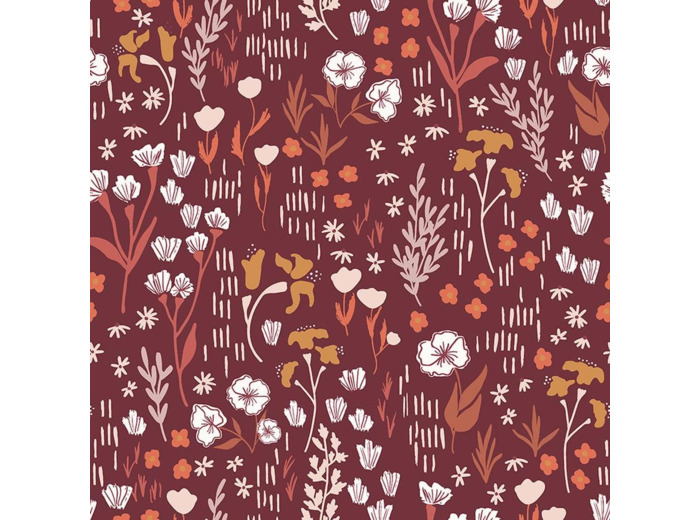 Cotton+Steel Fabrics - Tissu Popeline de Viscose Imprimé Fleurs de Champs "Dear Isla" sur le Fond Bordeaux