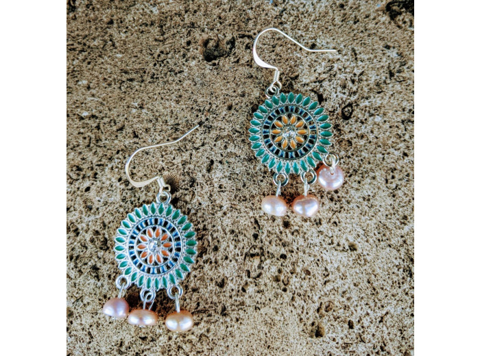 Boucles D'Oreille Chandelier Vert Et Perles D'Eau Douce