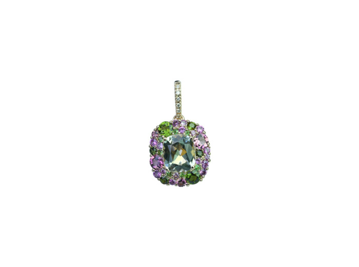 Pendentif Isabelle Langlois Émotion en or rose, prasiolite, tourmaline rose, tourmaline verte, tsavorite et diamant