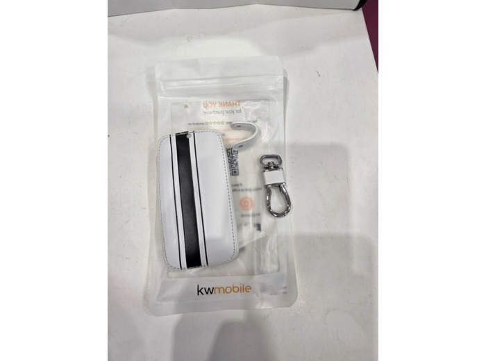 Étui à clés de voiture kwmobile pour clé de voiture Renault Smartkey à 4 boutons (Keyless Go) - Étui en similicuir noir / blanc - Motif rayures rallye