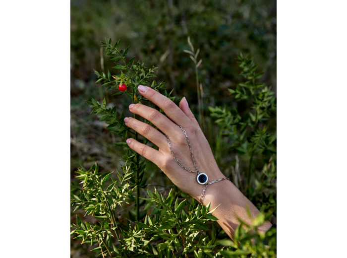 Bague de main - Chaîne maillon rectangle - Grand - Agathe noire