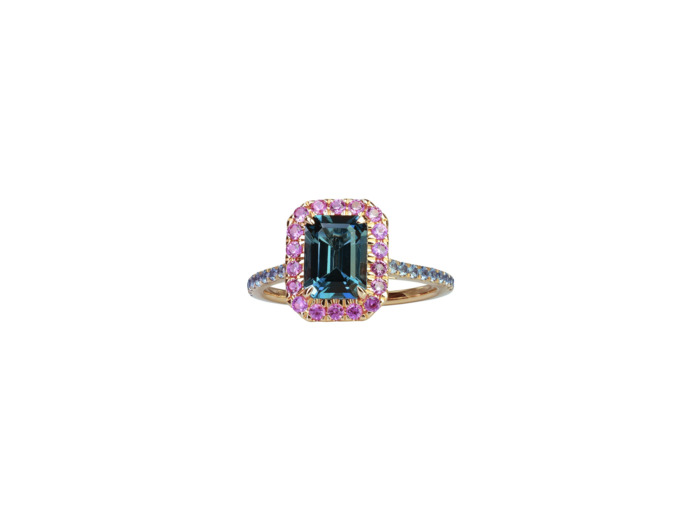 Bague Isabelle Langlois en or rose, topaze bleu london et saphirs rose