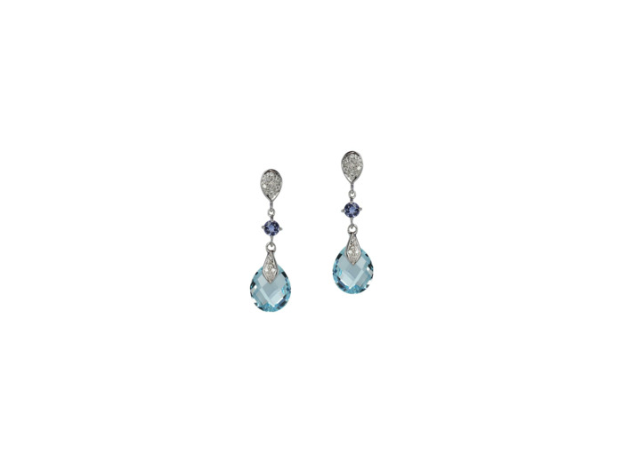 Boucles d'oreilles Isabelle Langlois Princesse Mathilde en or blanc, diamant, iolite et topaze bleue