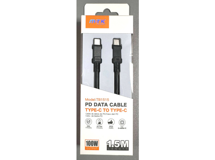 Cable de Charge et Transfert Type-C vers Type-C 100W - Noir - Pour Smartphone et Tablette