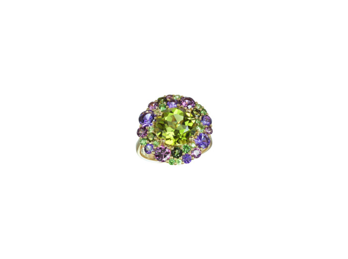 Bague Isabelle Langlois Émotion en or rose, péridot, améthyste, rhodolite, tourmaline verte et saphir rose