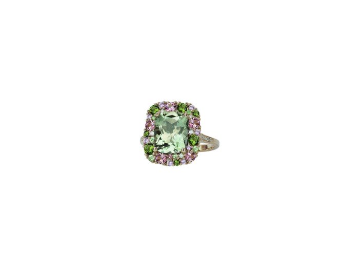 Bague Isabelle Langlois Émotion en or rose, prasiolite, tourmaline rose, tourmaline verte, tsavorite, saphir rose et diamant