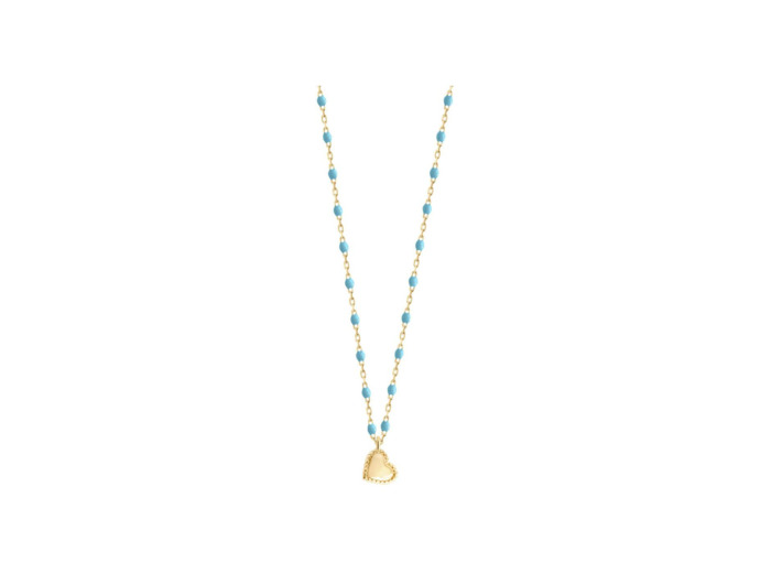 Collier Gigi Clozeau Lucky Cœur en or jaune et résine turquoise bleu, taille 40cm