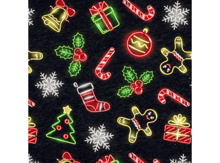 Sélection Coup de Coudre - Tissu Jersey Sweat de Coton Gratté à Motif Décorations de Noël sur le Fond Noir
