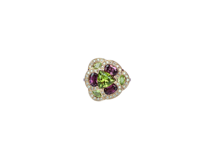 Bague Isabelle Langlois Flora Pensée  en or rose, péridot, rhodolite et diamant