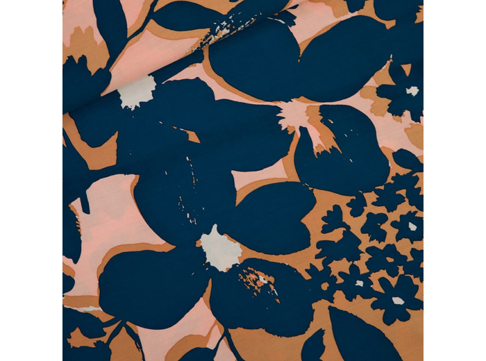 See You at Six - Tissu Satin de Viscose Ecovero Imprimé "Shadow Flowers" sur le Fond Marron Pâle