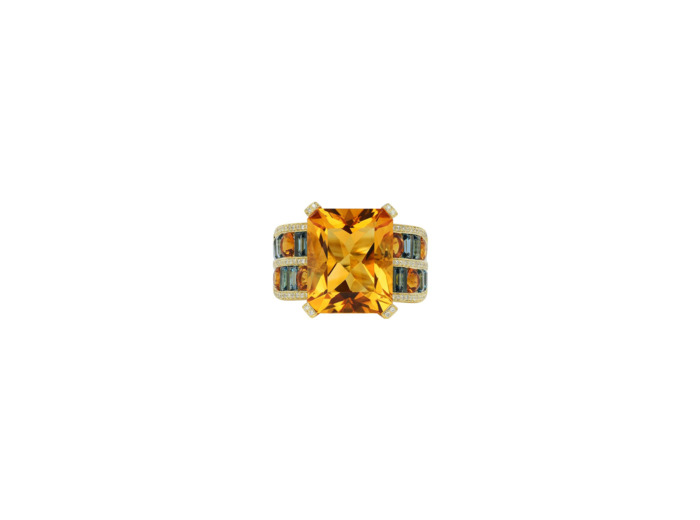 Bague Isabelle Langlois Tissage en or jaune, citrine, topaze Bleu London et diamant