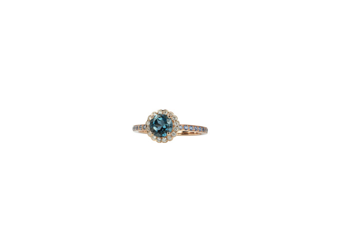 Bague Isabelle Langlois Princesse Mathilde en or rose, topaze bleue, diamant et saphir