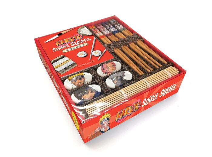 sushis Naruto - Coffret avec 4 paires de baguettes, 4 repose-baguettes, 1 natte en bambou et 1 livret