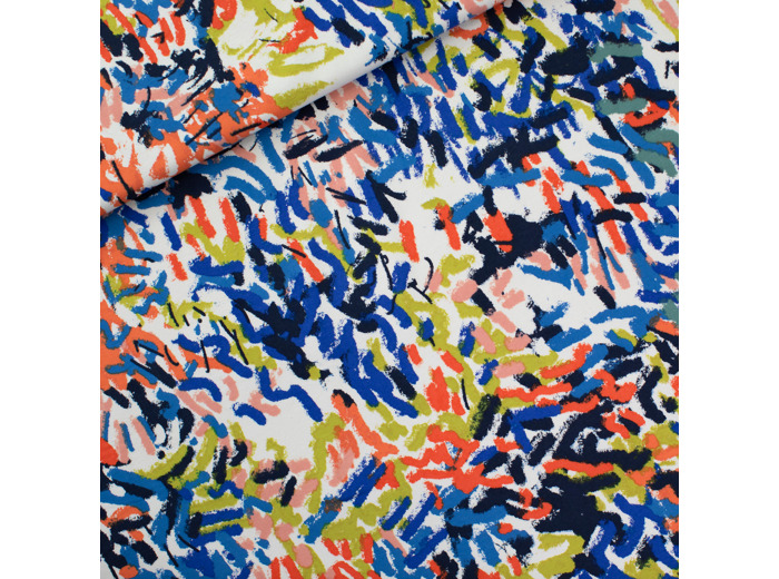 See You at Six - Tissu French Terry de Coton Imprimé "Peint Fun" sur le Fond Beige Tofu