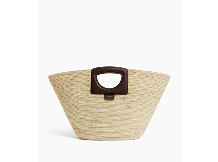 Grand sac cabas en raphia naturel et cuir lisse végétal