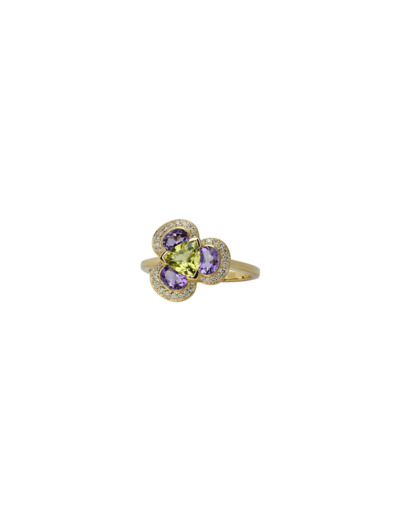Bague Isabelle Langlois Flora Pensée  en or jaune, péridot, améthyste et diamant