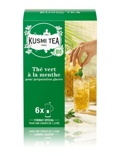 Thés Aromatisés Verts Vert Menthe Bio - Etui carton 6 grands sachets pour thé glacé - 48 gr