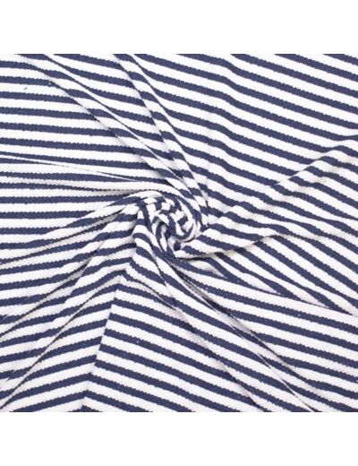 Sélection Coup de coudre - Tissu Jersey de Polyester à Motif Grosses Rayures Marinières Bleues sur le Fond Blanc