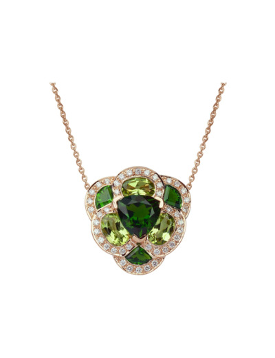 Collier Isabelle Langlois Flora Pensée  en or rose, diopside, péridot et diamant