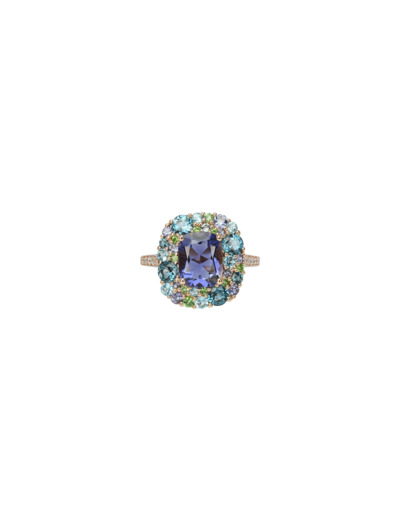 Bague Isabelle Langlois Émotion en or rose, iolite, topaze bleue, tsavorite et diamant