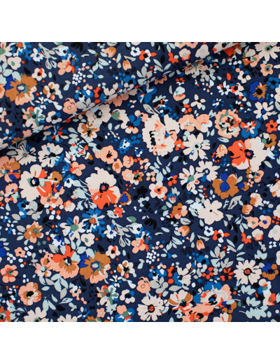 See You at Six - Tissu Toile de Coton Gabardine Imprimé "Flower Joy" sur le fond Bleu Océana