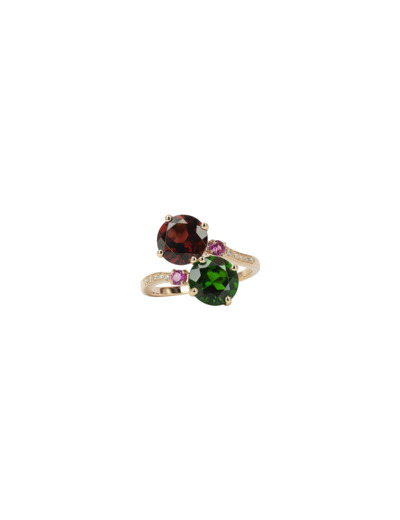 Bague Isabelle Langlois Toi et Moi en or rose, grenat, diopside, saphir rose et diamant