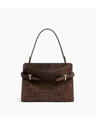 Sac porté épaule grand modèle Emie en cuir refente de velours embossé effet crocodile