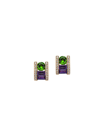 Boucles d'oreilles Isabelle Langlois Tissage en or rose, diopside, améthyste et diamant