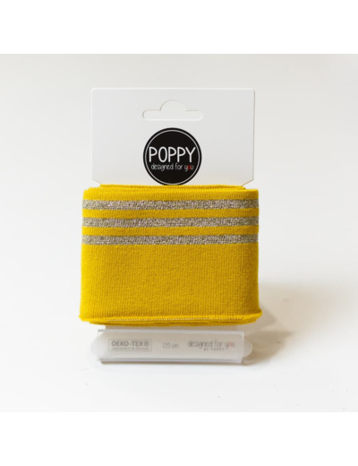 Poppy - Tissu Jersey Bord-Cotes à Rayures Lurex Doré sur le Fond Ocre (Carte de 135 cm)